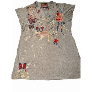 Johnny Was Top Beautiful Embroidery Boho Floral Butterfly Gray V-Neck Med.